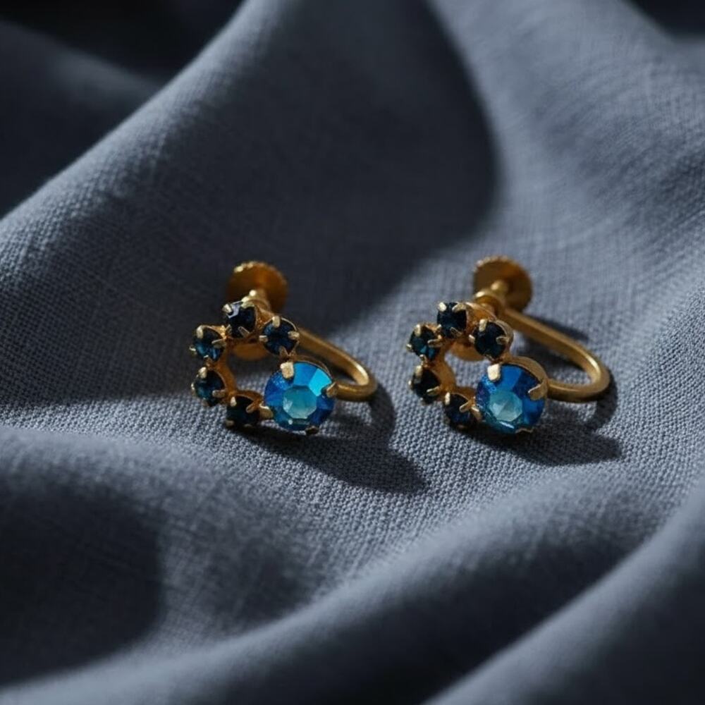 Vintage Austrian Crystal Screw-Back Earrings Blue Gold Tone